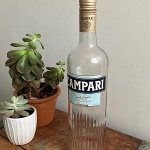 Empty Campari Milano Glass Bottle, gold blue , light blue label, DIY crafts